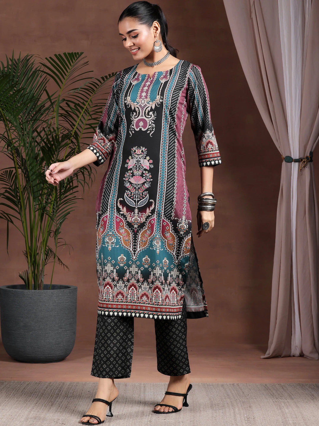 Black Printed Poly Crepe Straight Kurta Set 