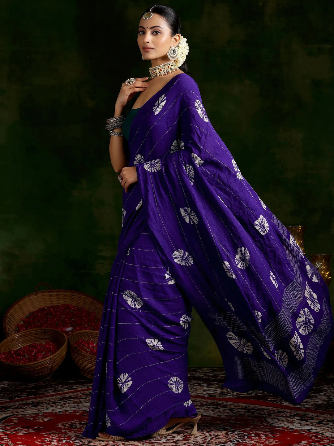  Purple Printed Poly Chiffon Saree With Unstitched Blouse Piece 