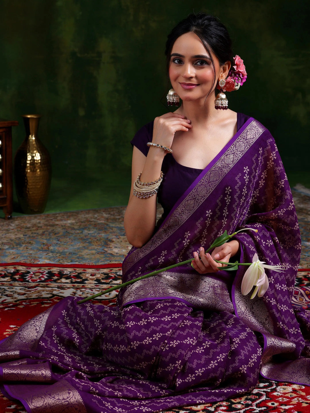 Wine Printed Silk Blend Saree With Unstitched Blouse Piece - Libas 