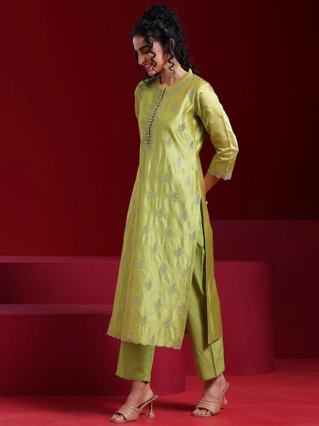 Libas Art Green Embroidered Chanderi Silk Straight Suit With Dupatta - Libas 