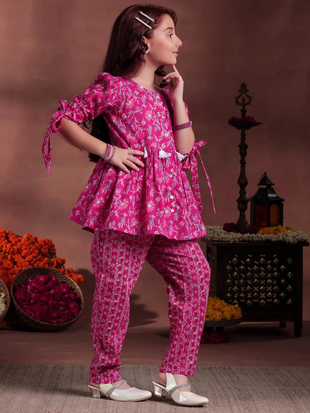  Kids Pink Printed Cotton A-Line Kurti With Trousers & Dupatta 
