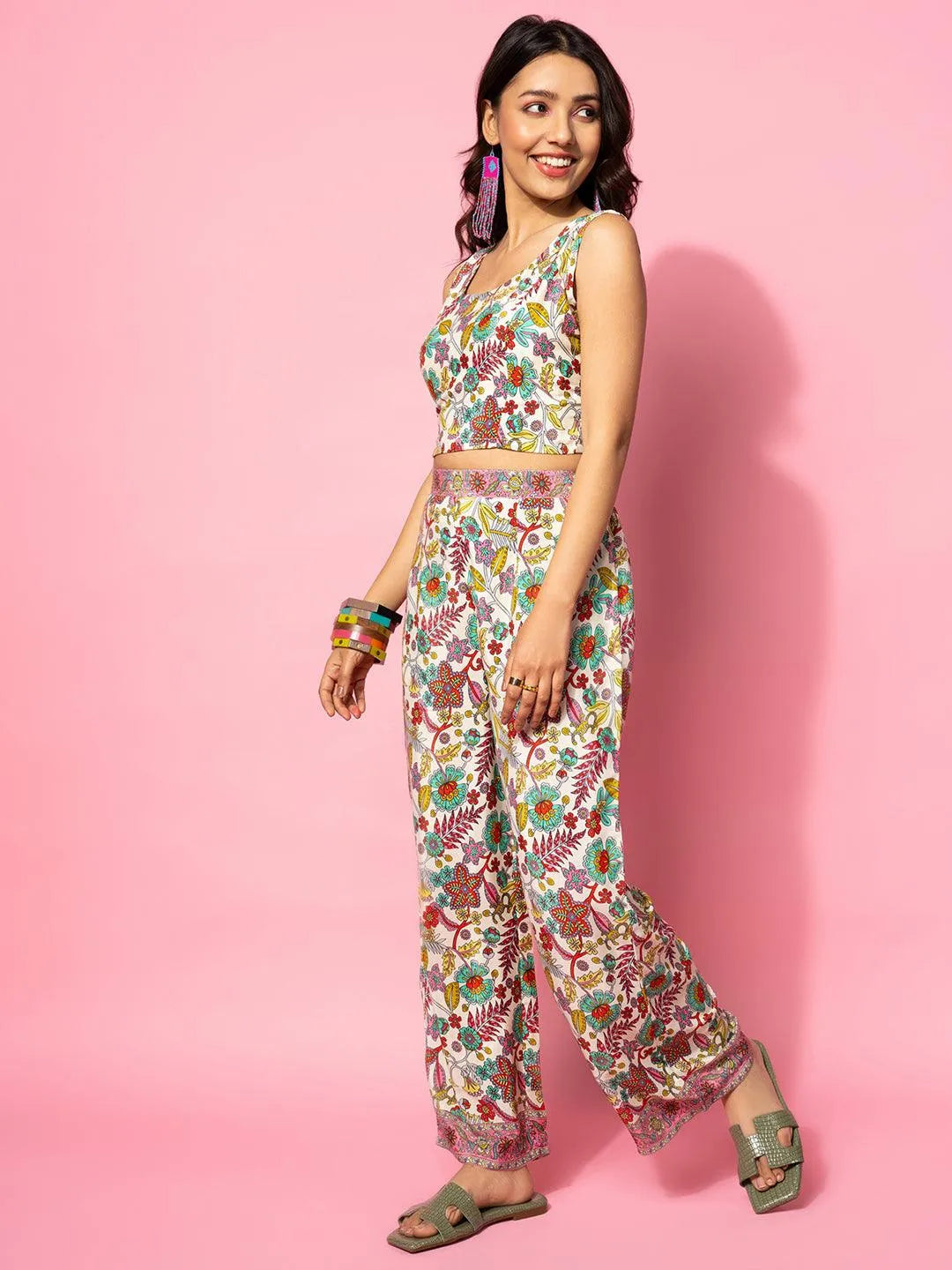 Cream Printed Silk Blend Co-Ords - Libas 