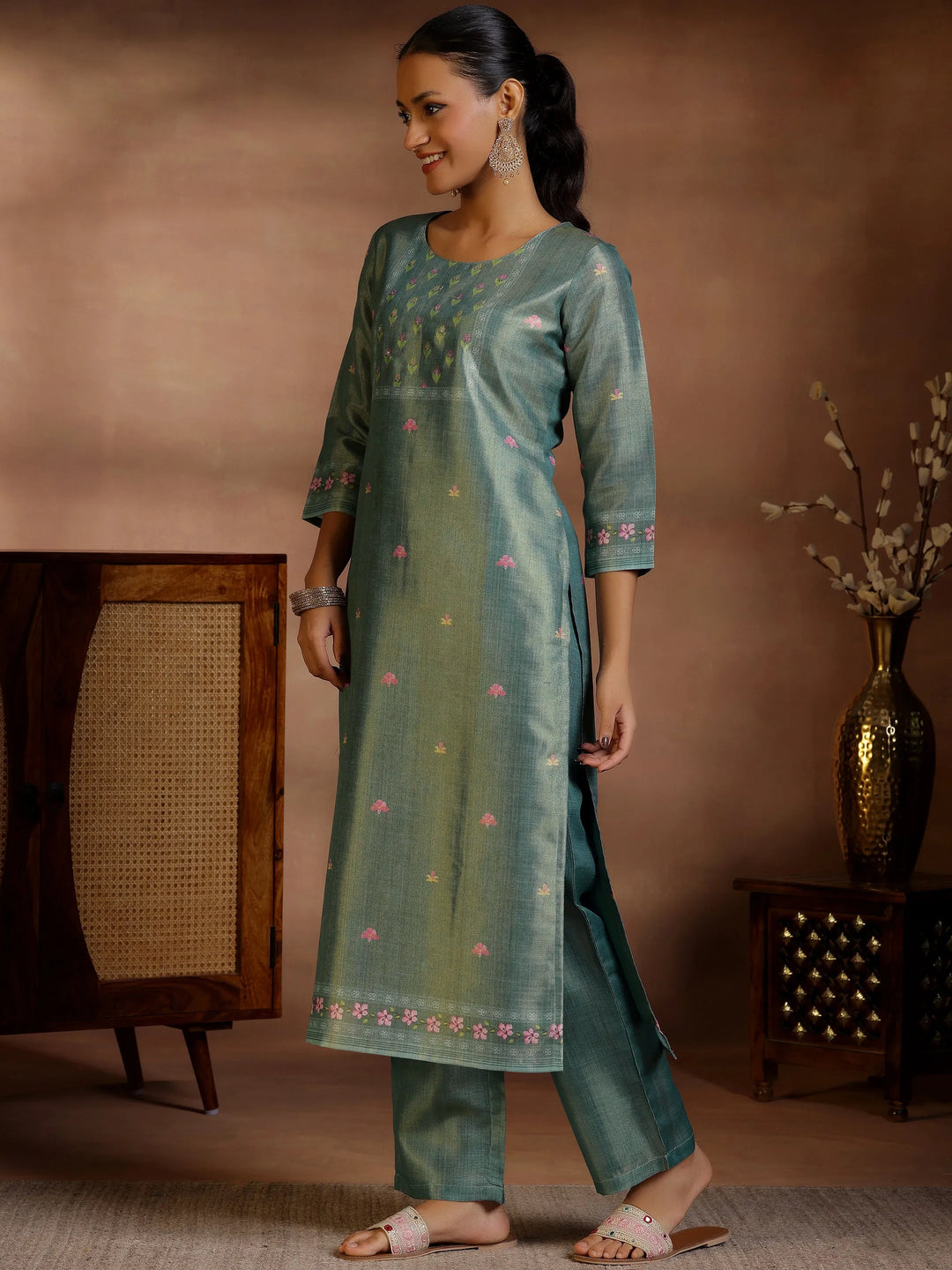  Green Printed Silk Blend Straight Suit With Dupatta 