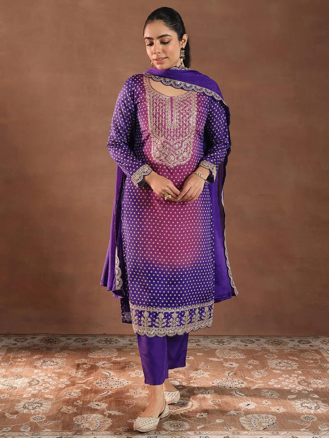 Purple Printed Silk Blend Straight Suit With Dupatta 