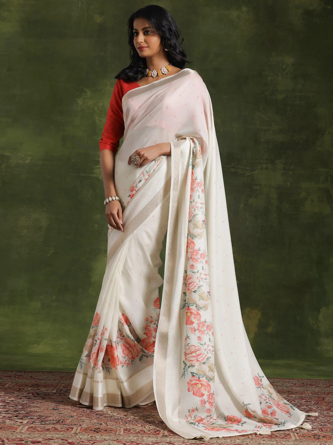 Off White Printed Silk Blend Saree With Unstitched Blouse Piece - Libas 