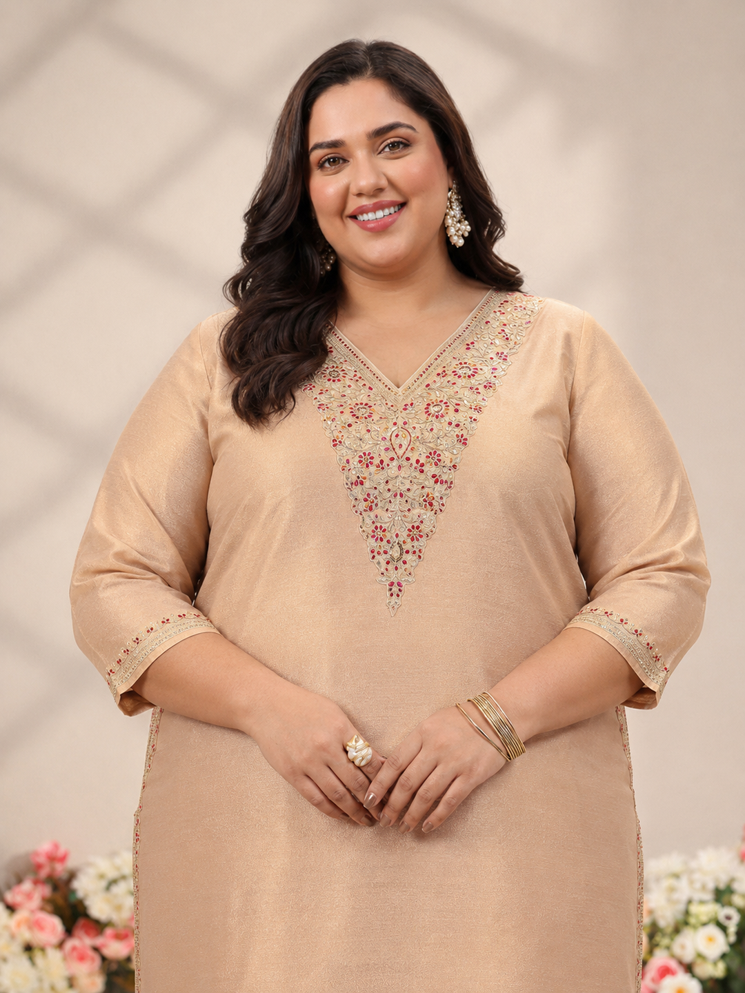 Plus Size Beige Floral Embroidered Silk Blend Straight Suit Set 