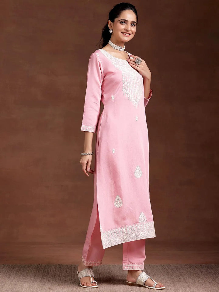 Pink Embroidered Silk Blend Straight Suit With Dupatta - Libas