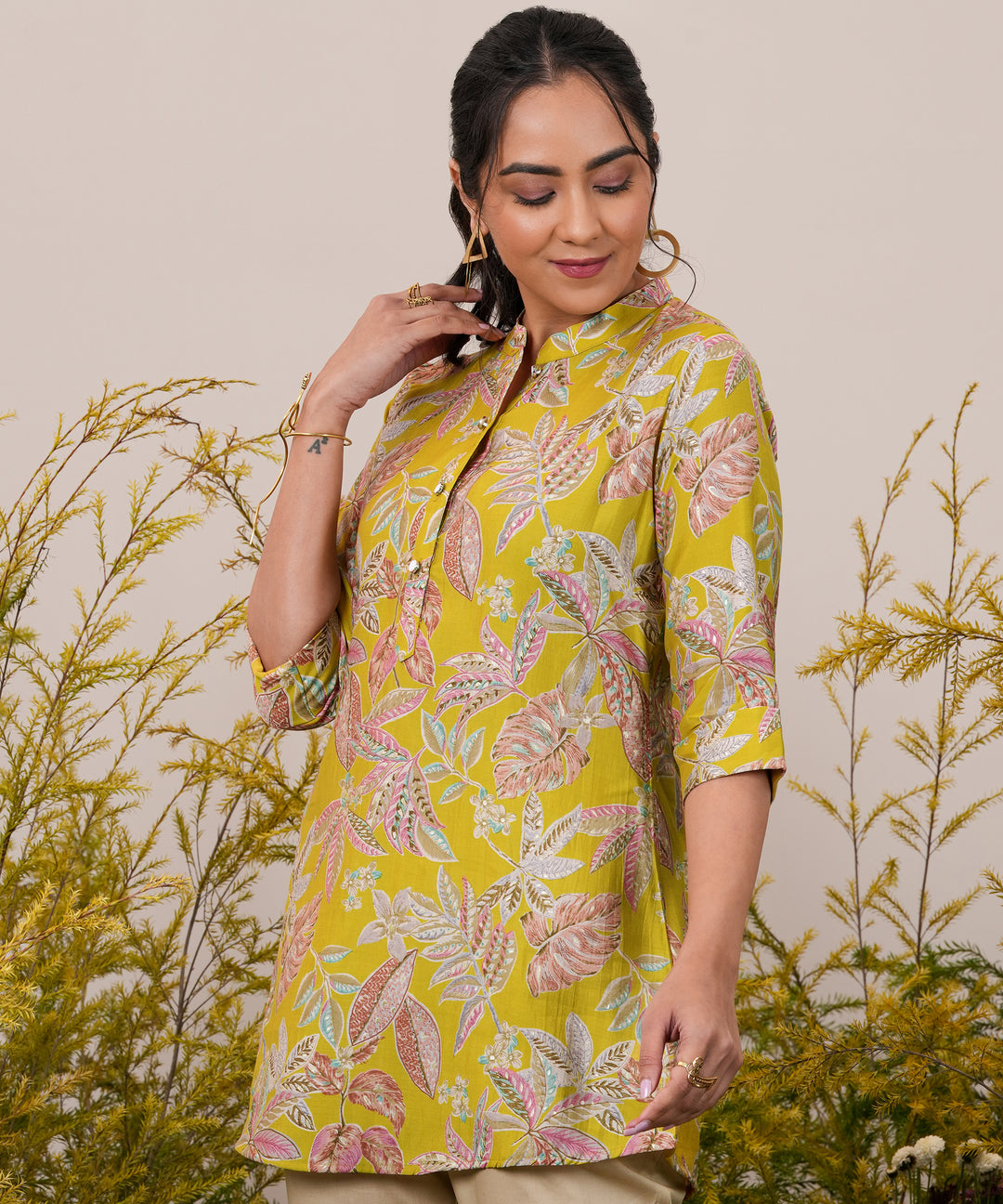  Yellow Printed Silk Blend A-Line Kurti 