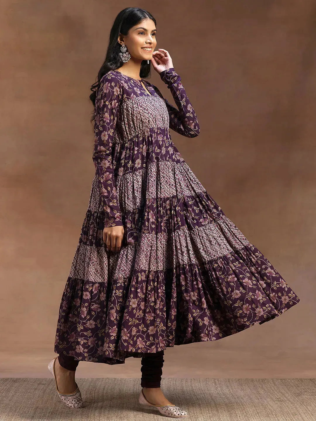  Purple Printed Cotton A-Line Kurta With Churidar & Dupatta 