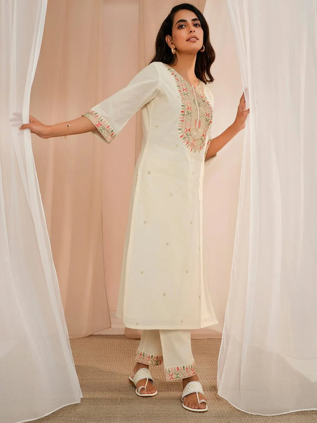 Off White Embroidered Cotton Straight Suit With Dupatta - Libas 