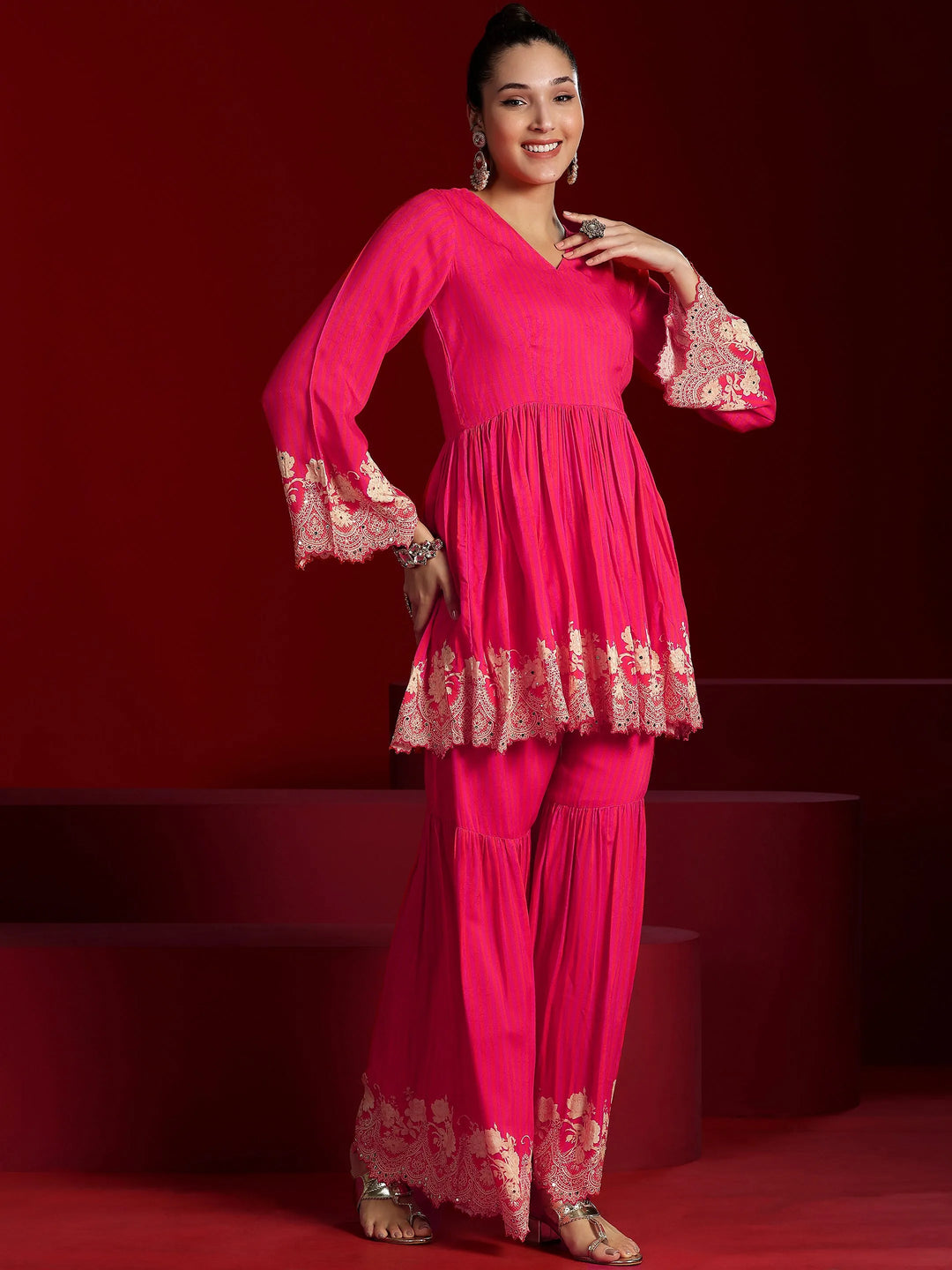  Libas Art Coral Printed Silk Blend Co-Ords 