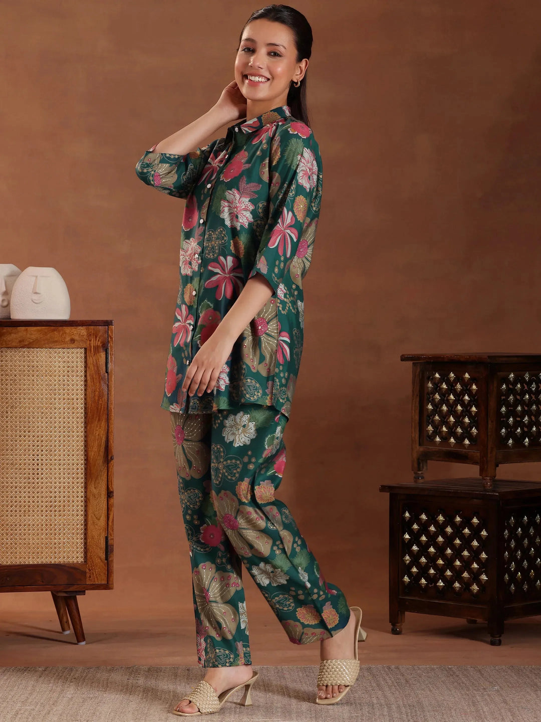  Blue Printed Silk Blend Co-Ords 