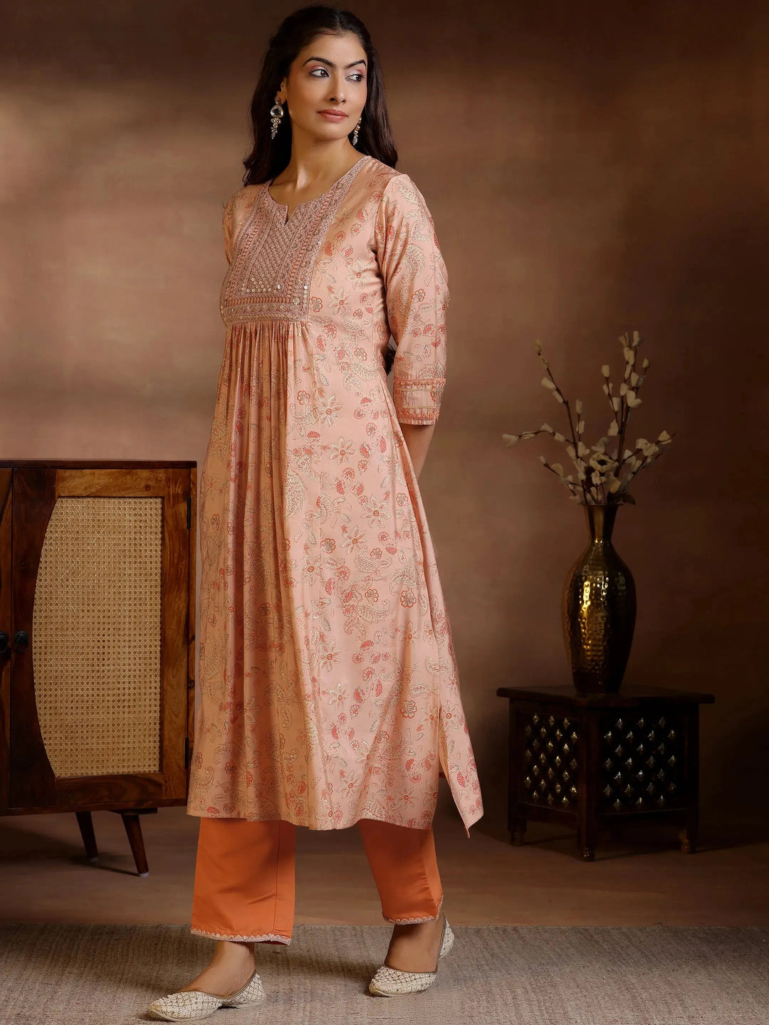  Rust Printed Silk Blend A-Line Kurta With Palazzos 