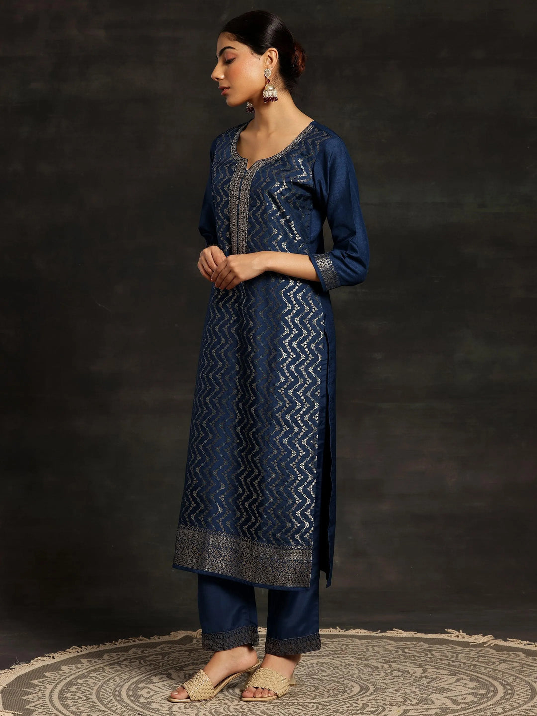Blue Woven Design Silk Blend Straight Suit With Dupatta - Libas 