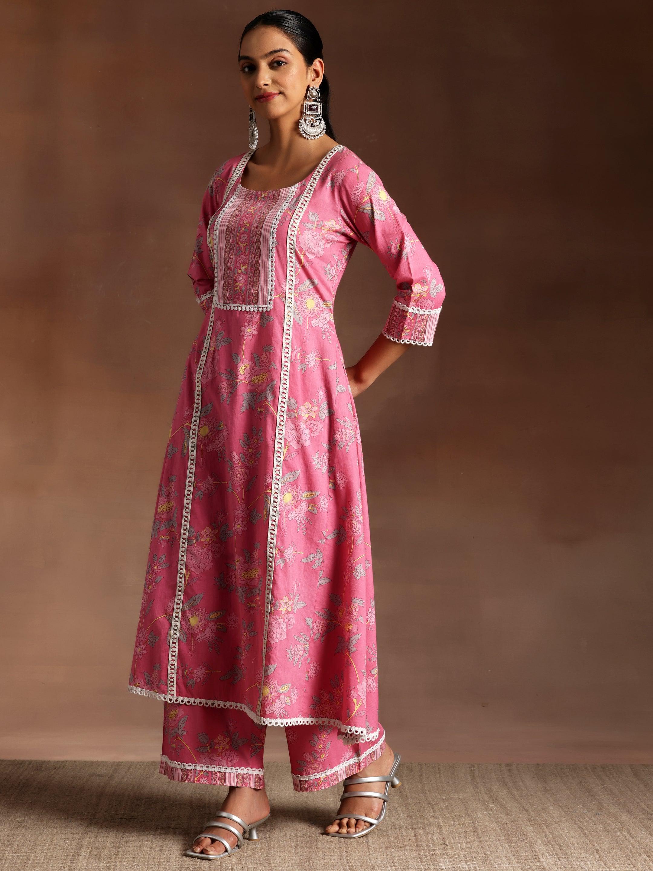 Rukhsaar Pink Printed Cotton A-Line Kurta With Palazzos