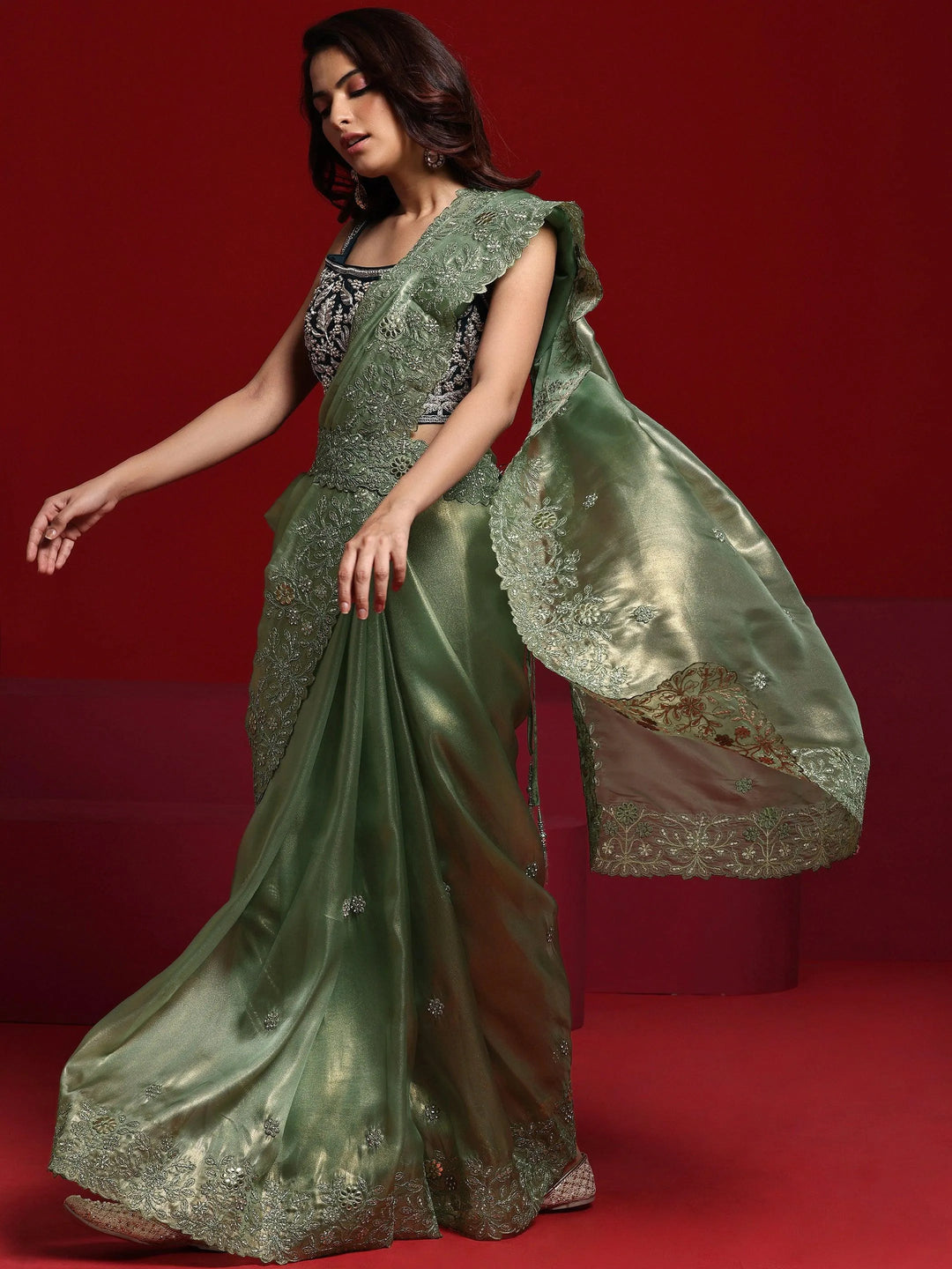 Libas Art Green Embroidered Silk Blend Saree With Unstitched Blouse Piece - Libas 