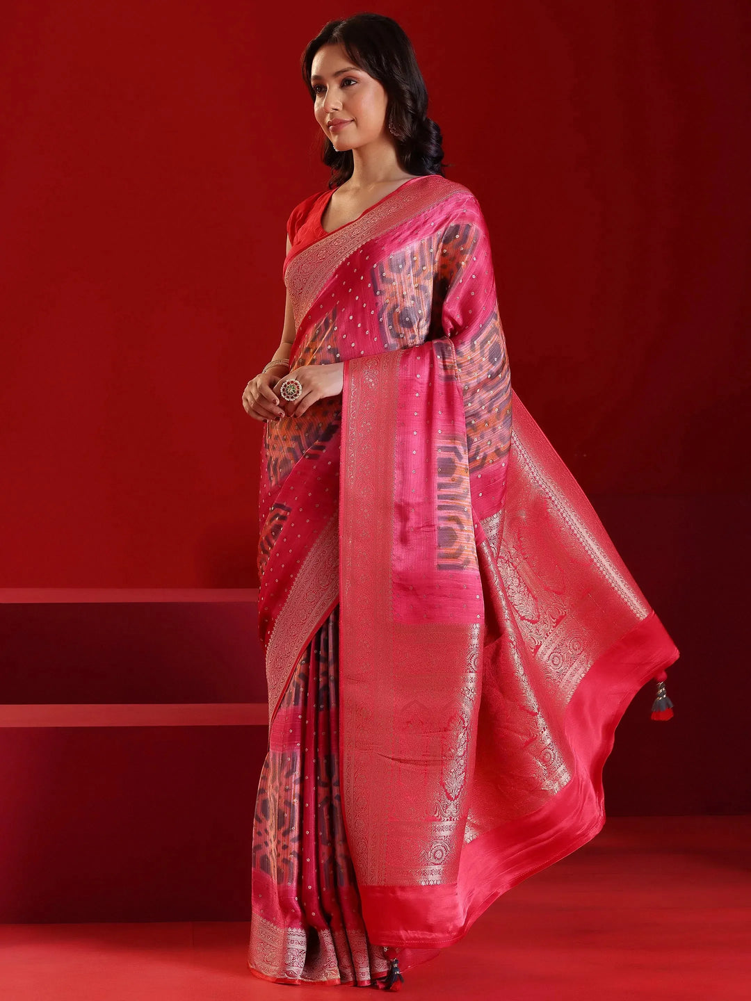  Libas Art Red Printed Satin Saree With Unstitched  Blouse Piece 