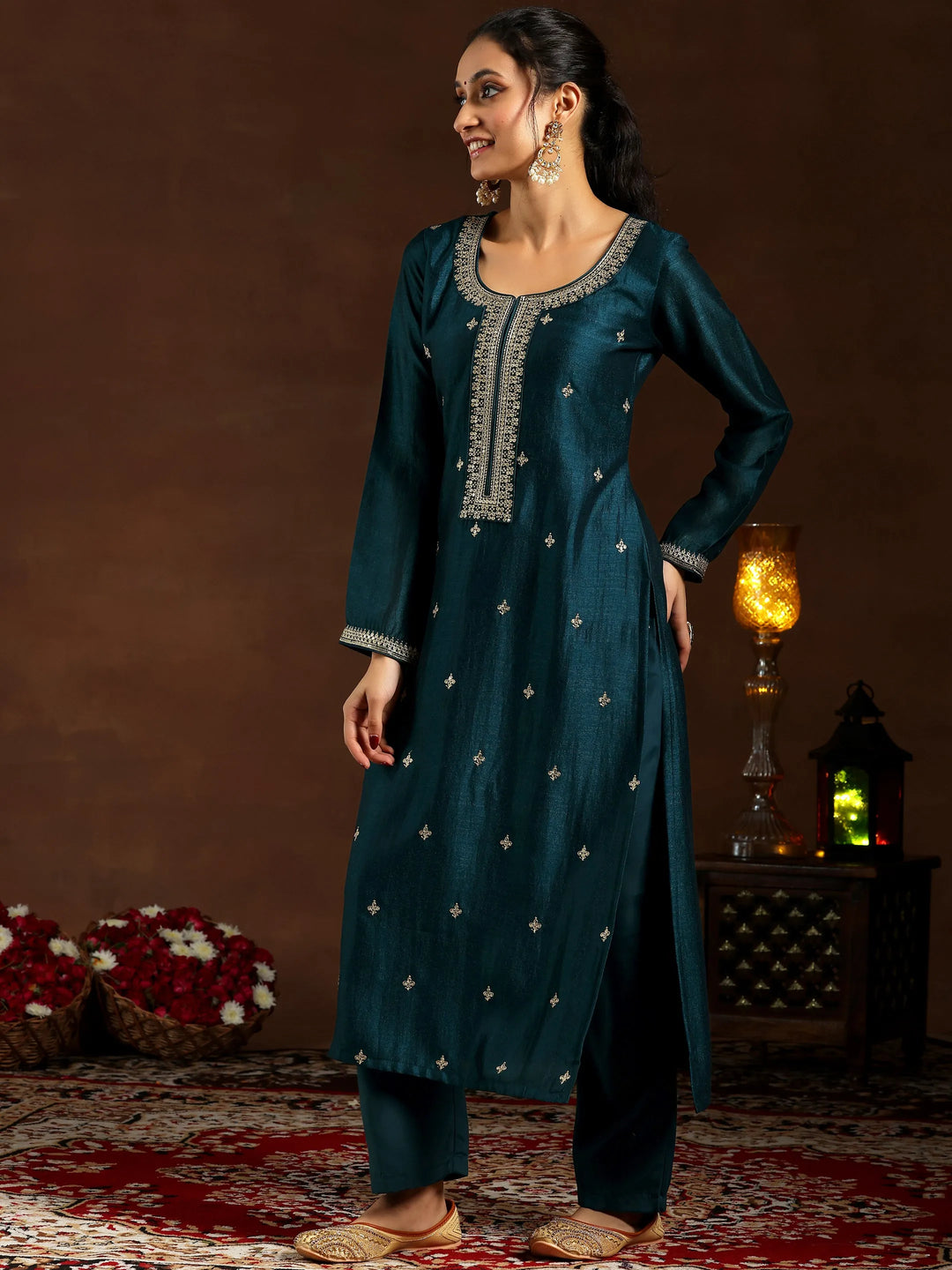  Teal Embroidered Silk Blend Straight Suit With Dupatta 