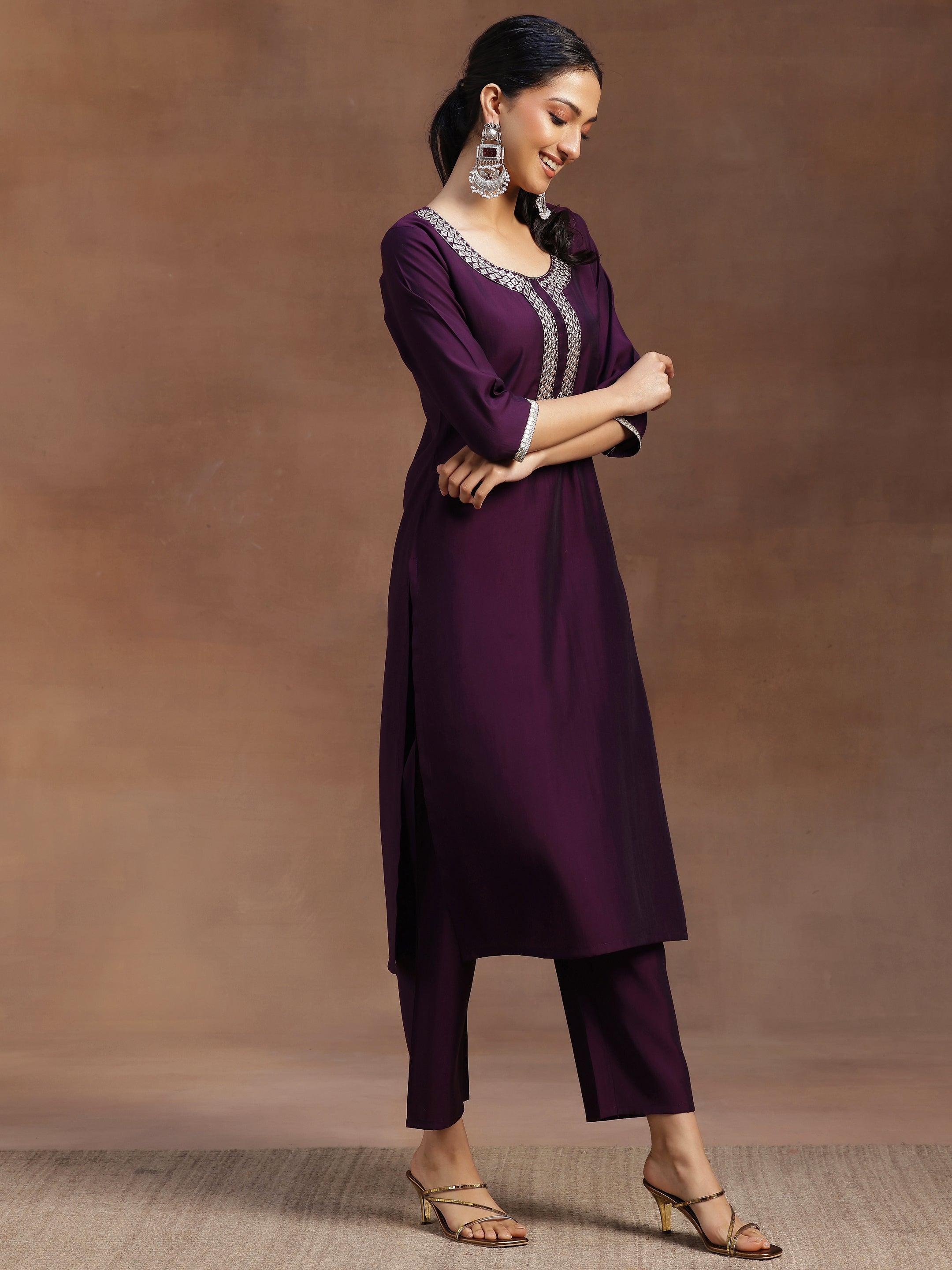 Purple Embroidered Silk Blend Straight Suit With Dupatta