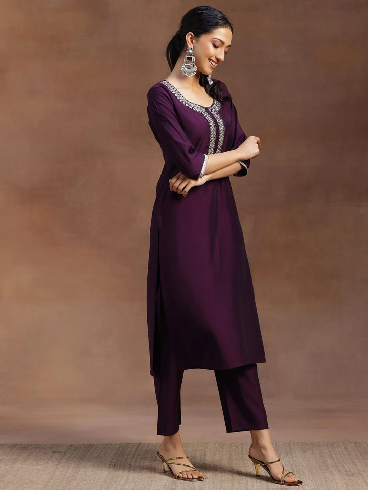 Purple Embroidered Silk Blend Straight Suit With Dupatta - Libas