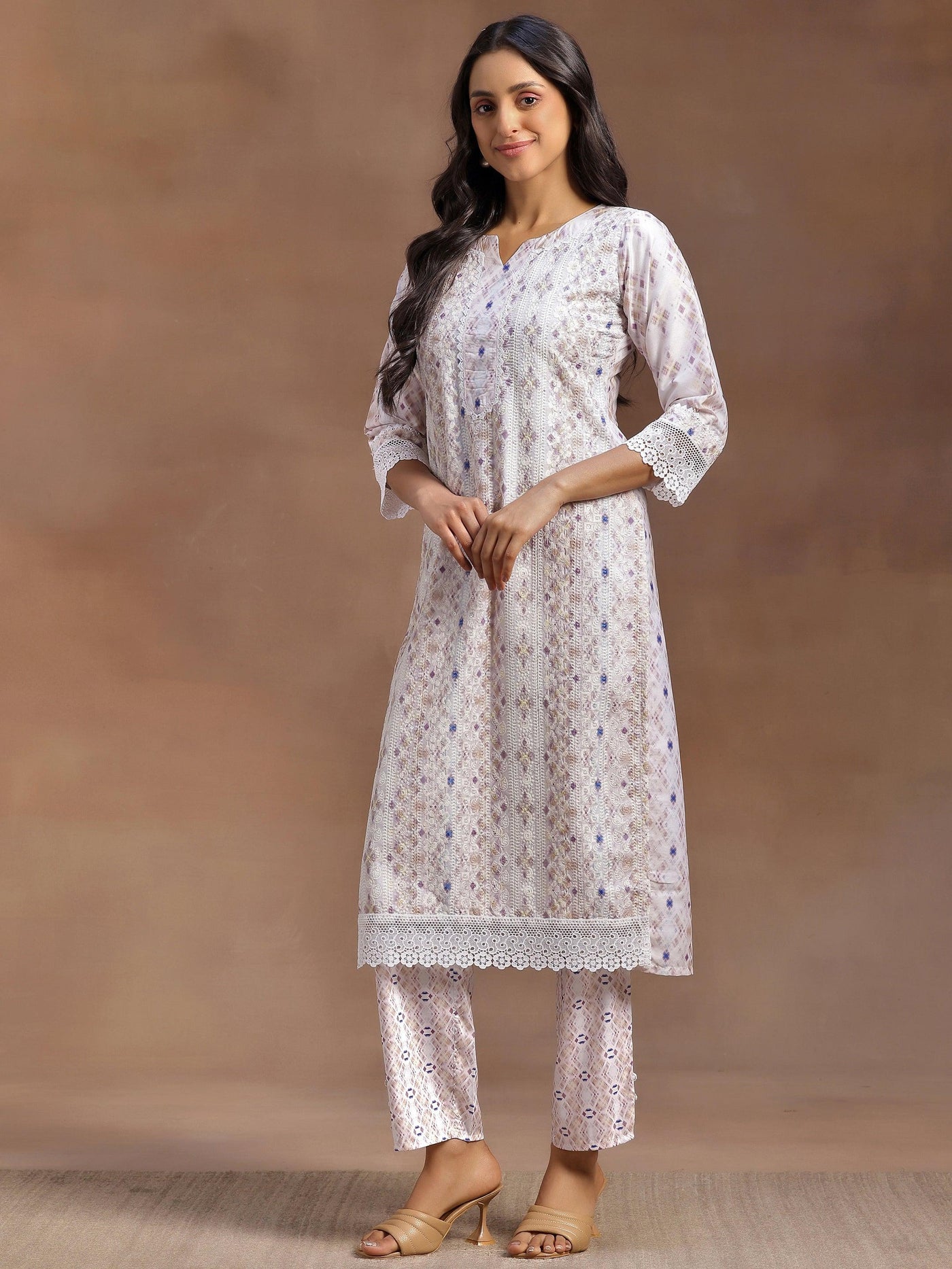 Beige Embroidered Cotton Blend Straight Suit With Dupatta - Libas
