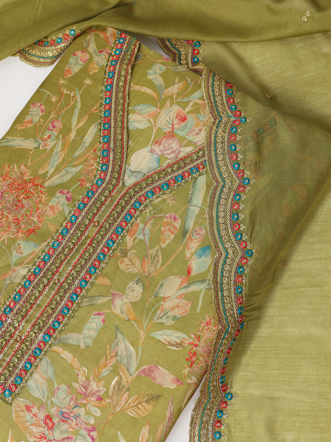  Green Printed Silk blend Dress Material With Dupatta 