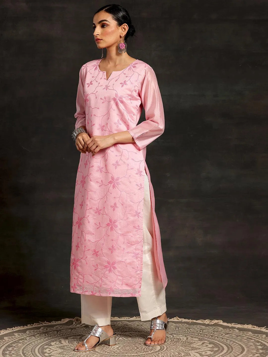 Pink Embroidered Silk Straight Kurta - Libas 