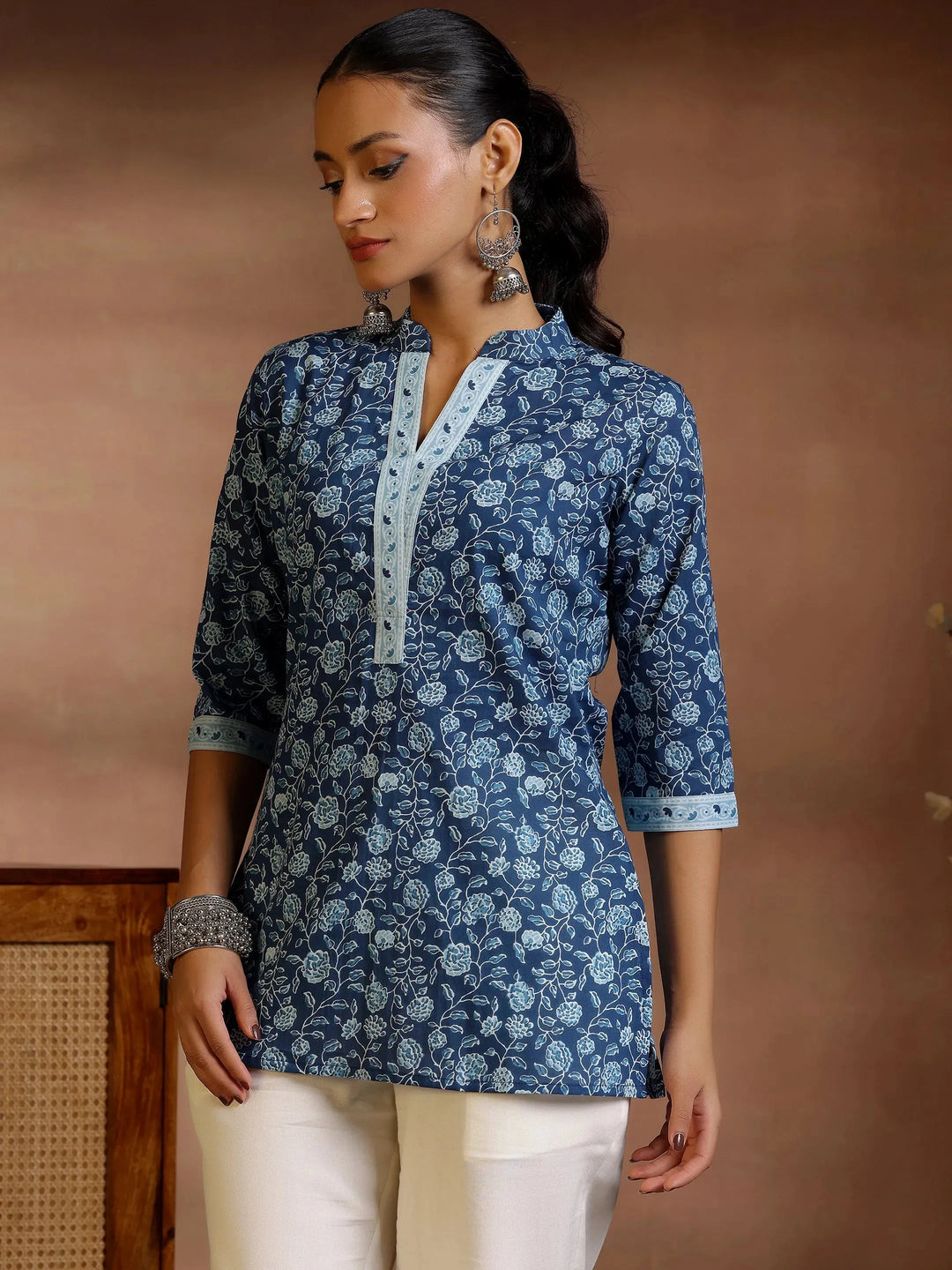  Blue Printed Cotton A-Line Kurti 