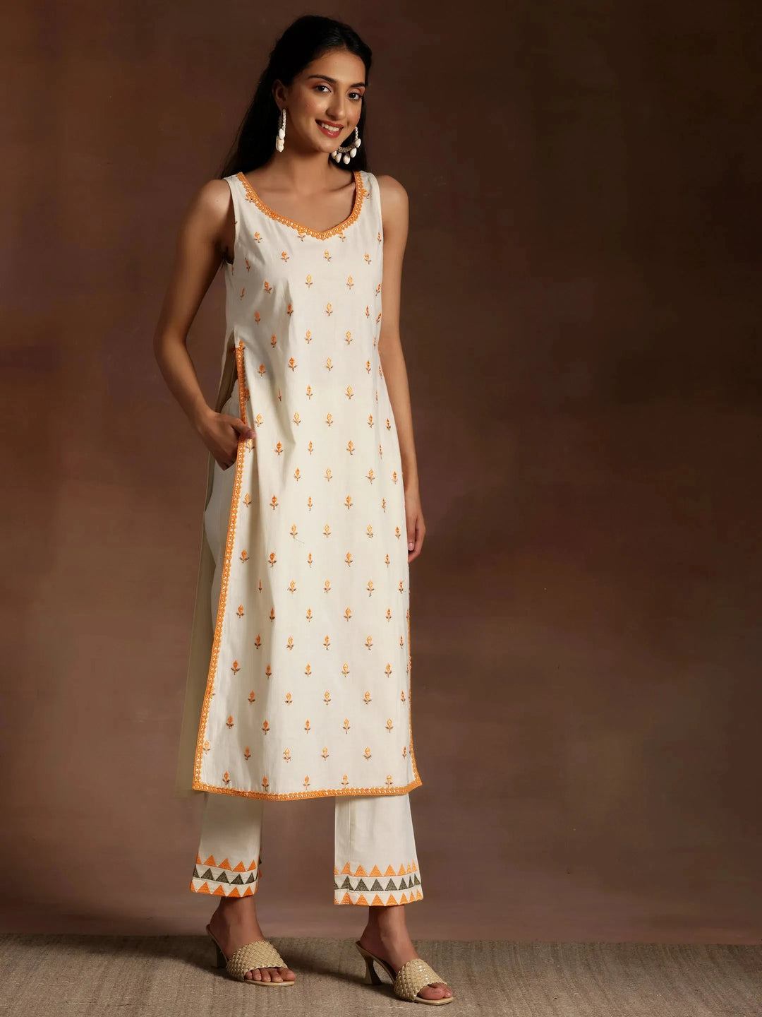  Off White Embroidered Cotton Straight Suit With Dupatta 