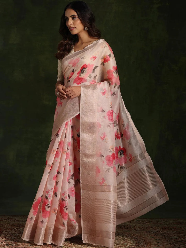 Pink Printed Silk Blend Saree With Unstitched Blouse Piece - Libas