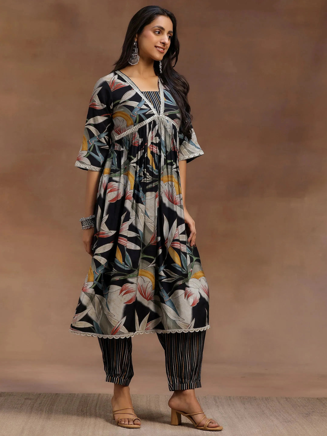  Black Printed Silk Blend A-Line Kurta With Salwar & Dupatta 