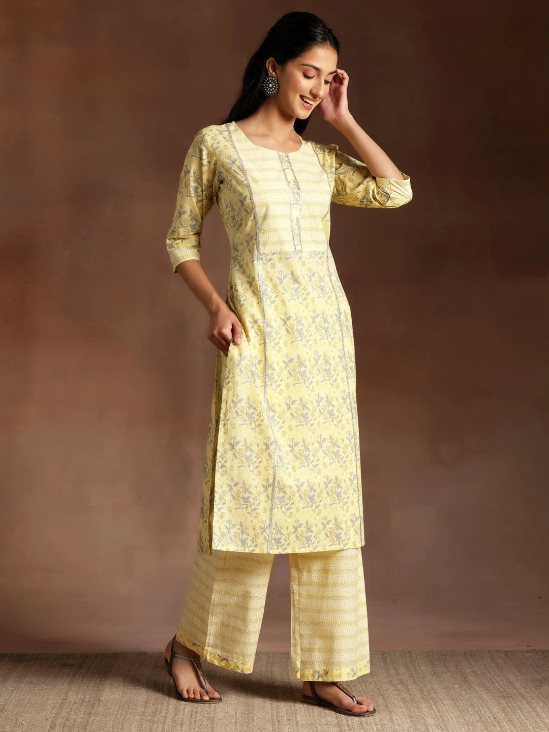 Yellow Printed Cotton Straight Suit With Dupatta - Libas