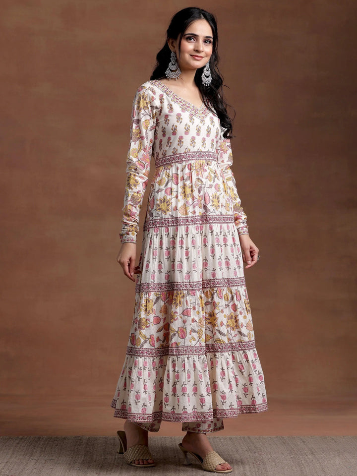 Off white Printed Cotton A-Line Kurta With Palazzos & Dupatta - Libas