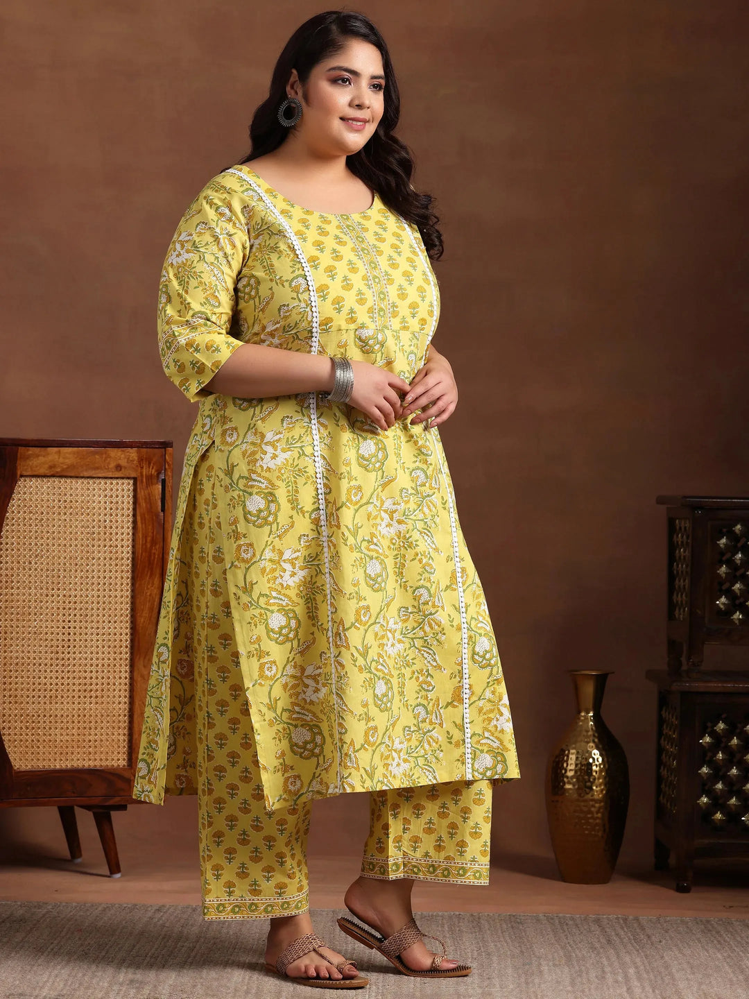  Plus Size Yellow Printed Cotton Straight Suit With Dupatta 