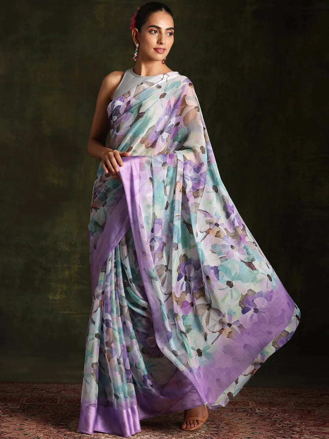 Lavender Printed Silk Blend Saree With Unstitched Blouse Piece - Libas 