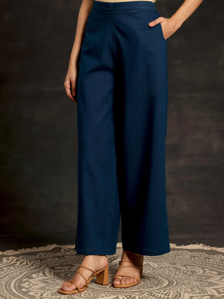 Teal Solid Cotton Palazzos - Libas