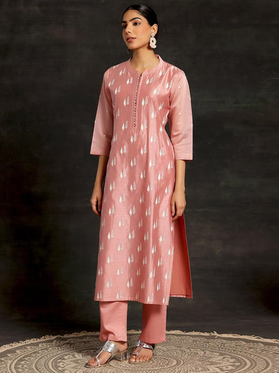 Peach Embroidered Chanderi Silk Straight Suit With Dupatta - Libas