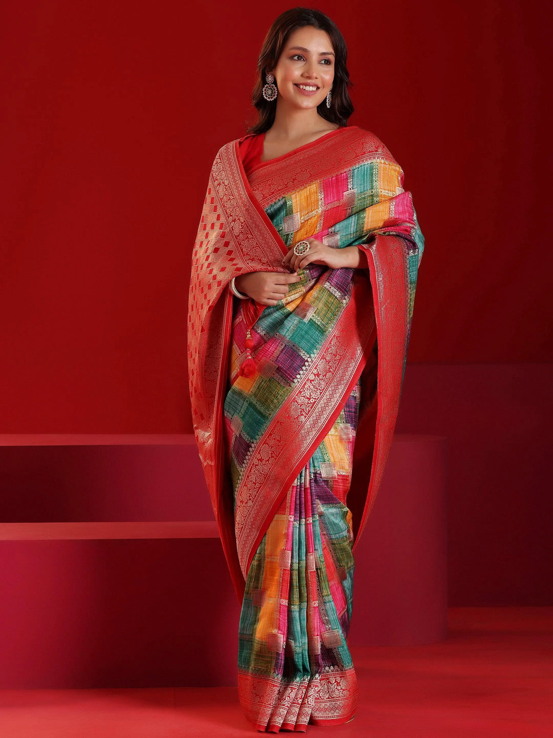 Libas Art Multicoloured Woven Design Satin Saree With Unstitched Blouse Piece - Libas 