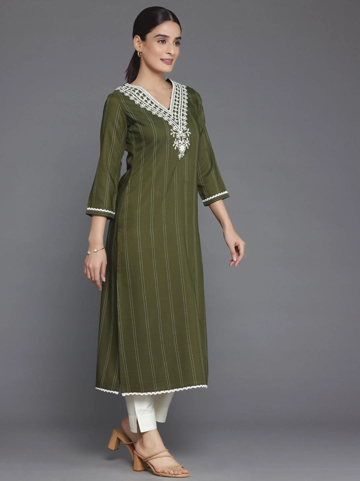 Olive Yoke Design Silk Straight Kurta - Libas