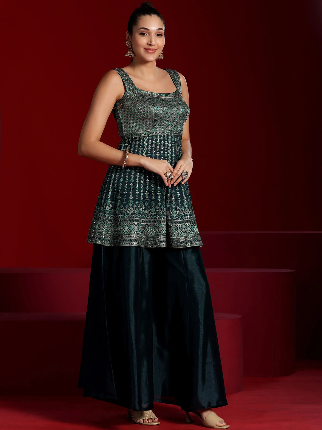  Libas Art Blue Embroidered Silk Blend A-Line Kurta With Palazzos & Dupatta 