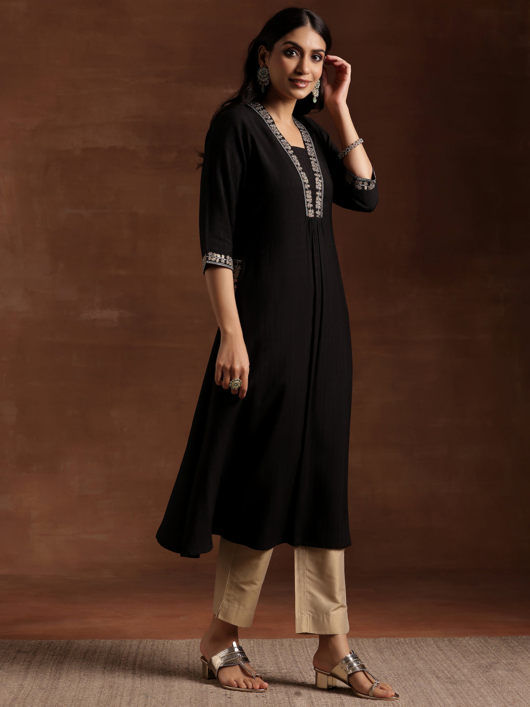  Black Yoke Design Silk A-Line Kurta 