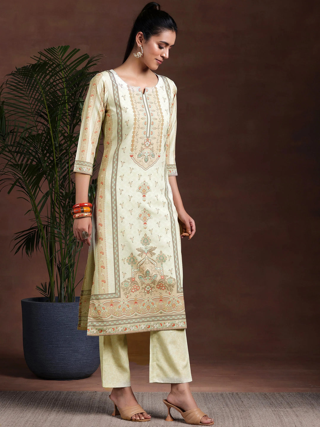  Beige Printed Poly Crepe Straight Suit With Dupatta 