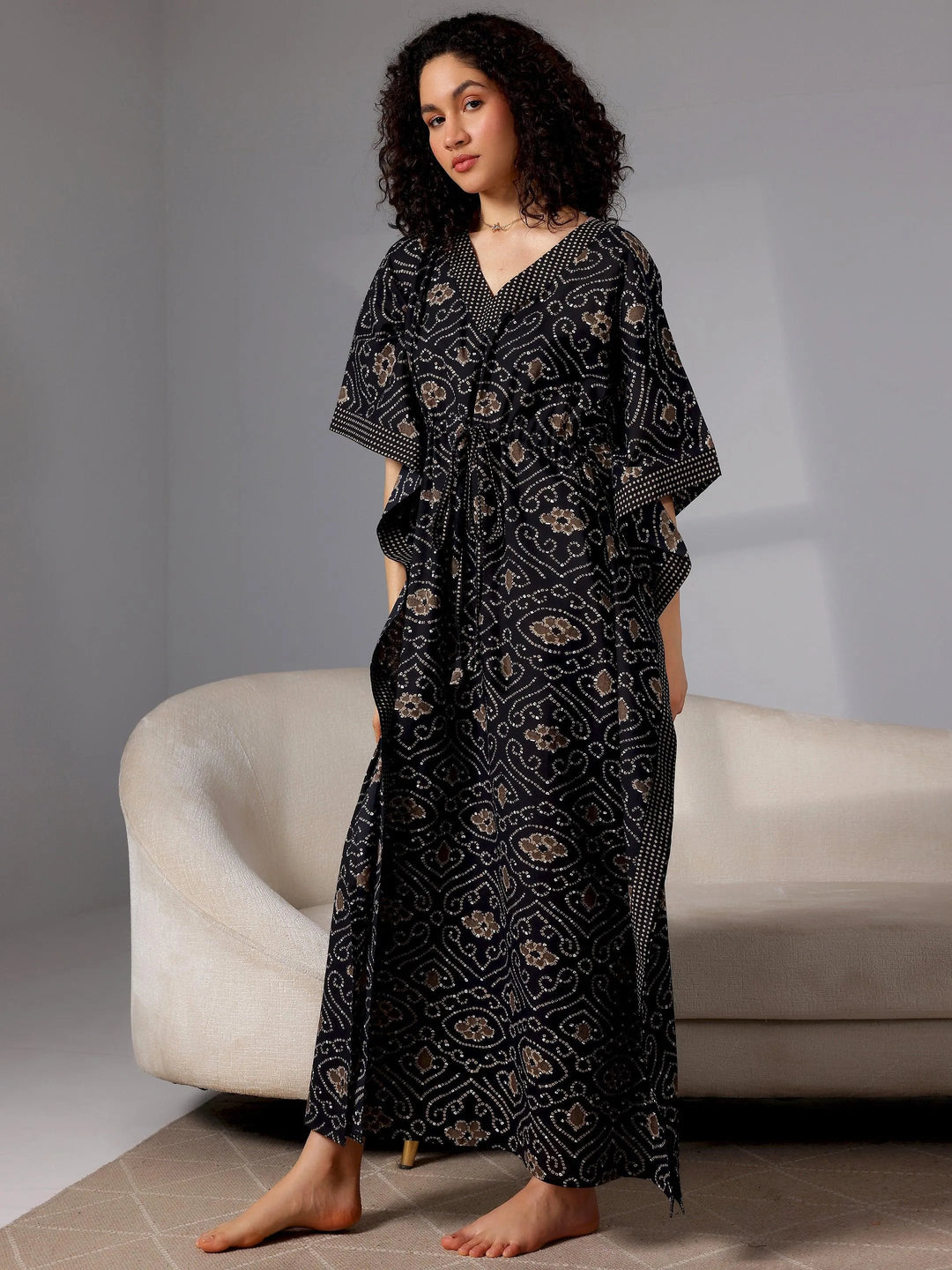 Black Printed Cotton Kaftan Night Dress - Libas 