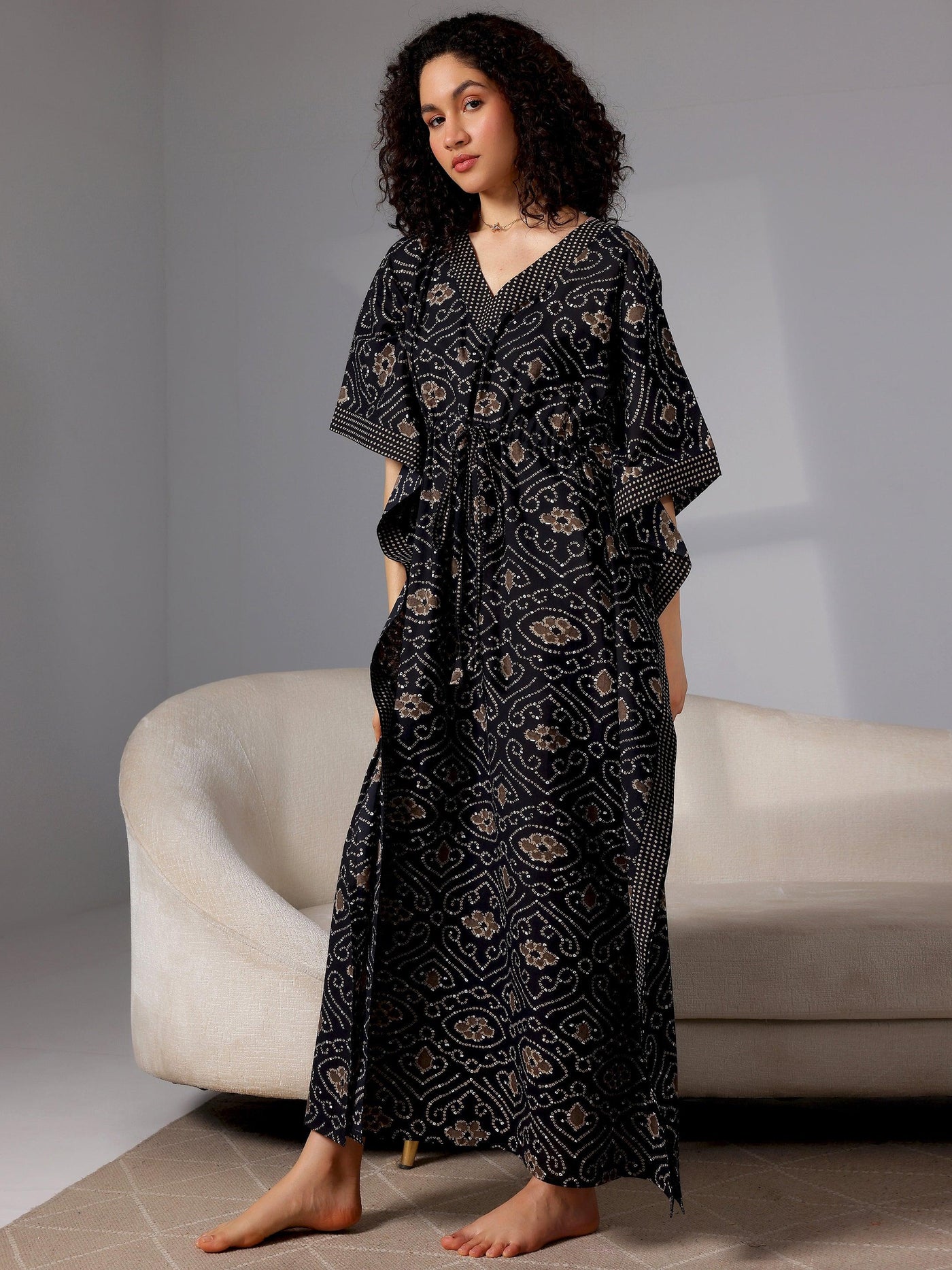 Black Printed Cotton Kaftan Night Dress - Libas