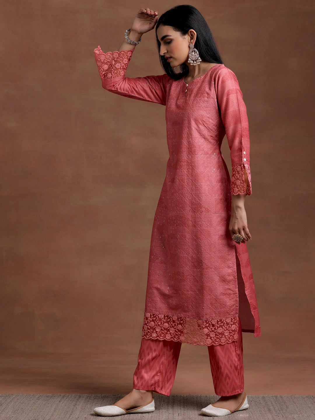Peach Embroidered Silk Blend Straight Suit With Dupatta - Libas 