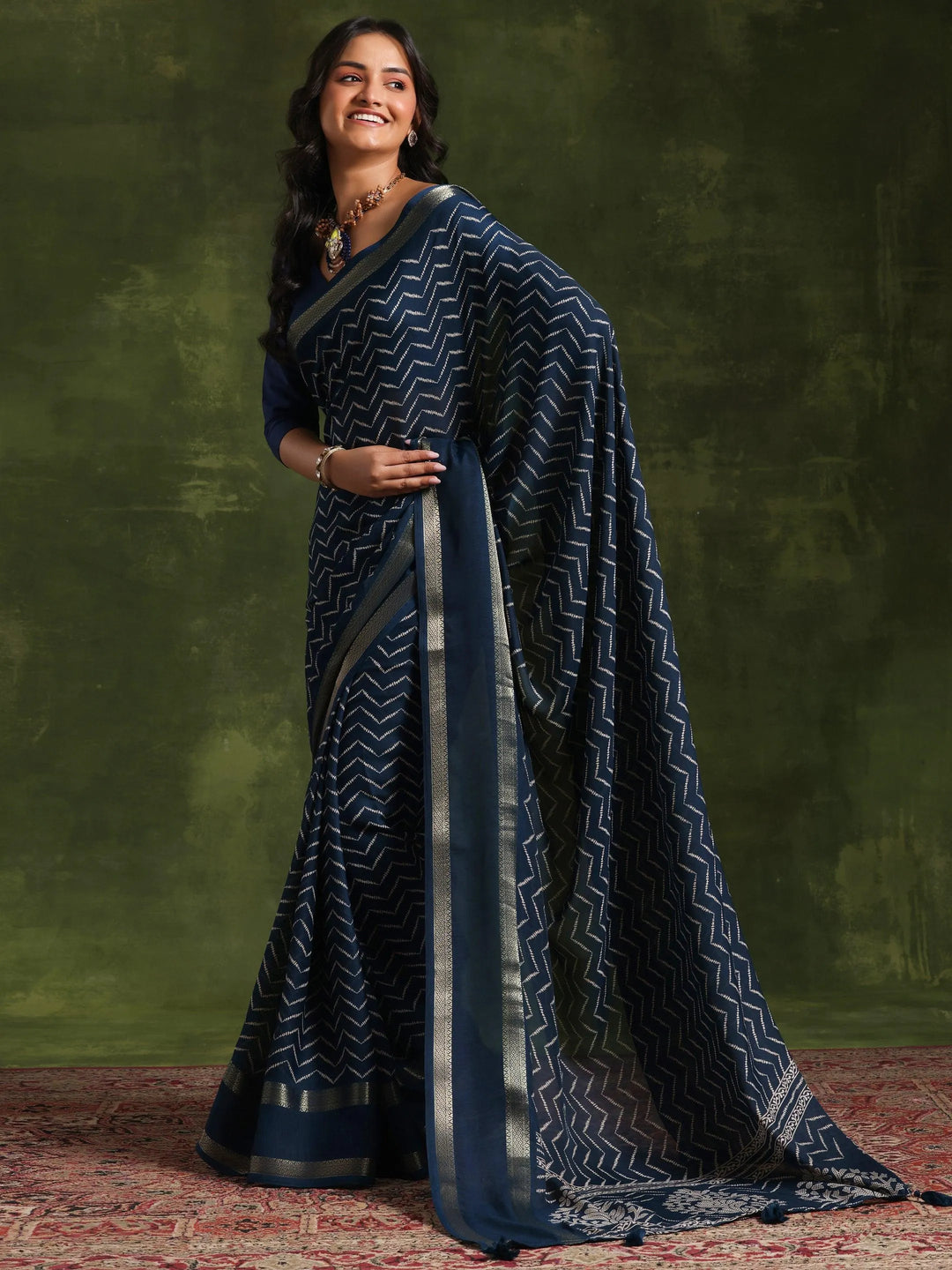 Blue Printed Silk Blend Saree With Unstitched Blouse Piece - Libas 