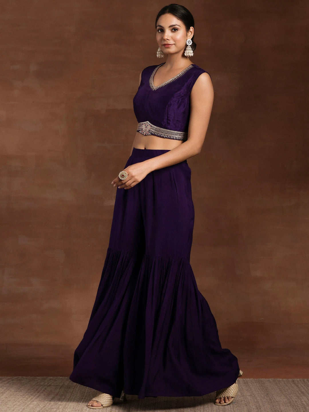Purple Embroidered Silk Blend Co-Ords - Libas 