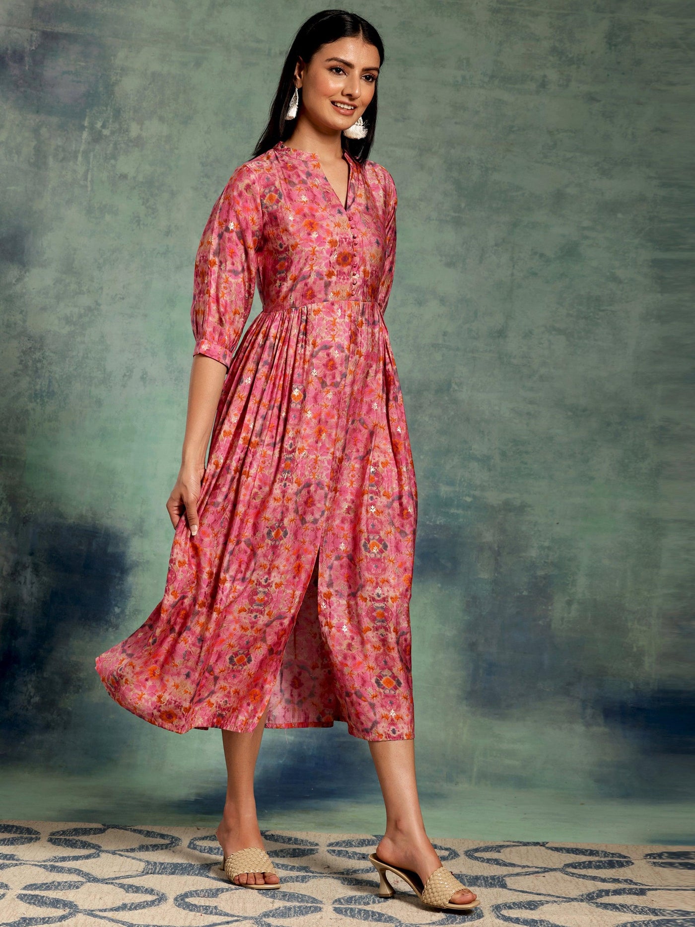 Pink Printed Silk Fit and Flare Dress - Libas