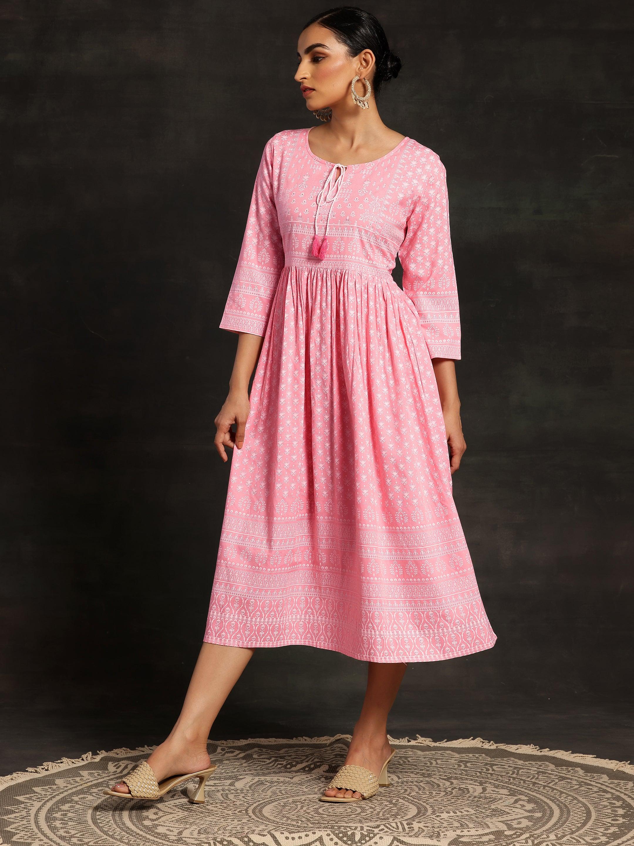 Pink Printed Cotton Fit and Flare Dress