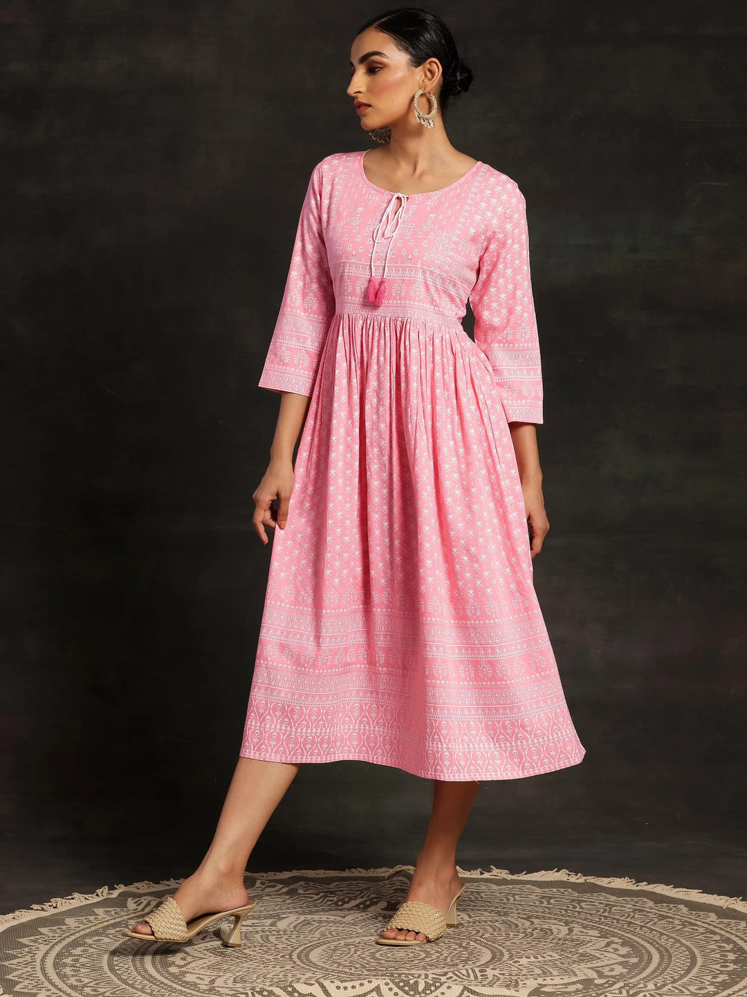 Pink Printed Cotton Fit and Flare Dress - Libas